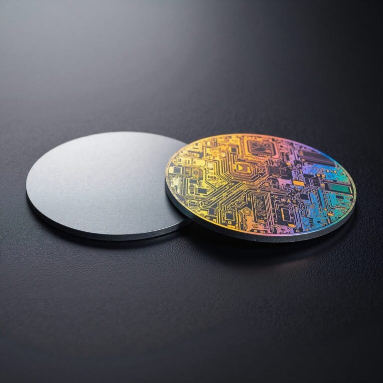 A white ceramic disc beside a brightly coloured semiconductor wafer