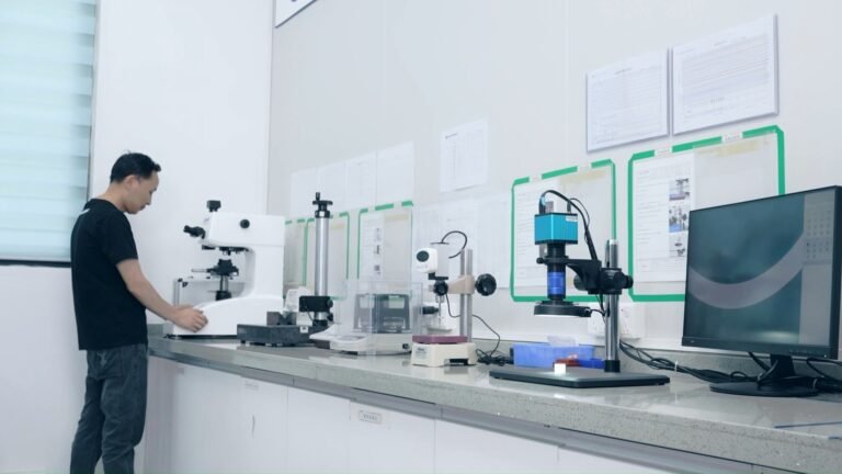Engineer taking a measurement on a video measuring system at the metrology bench