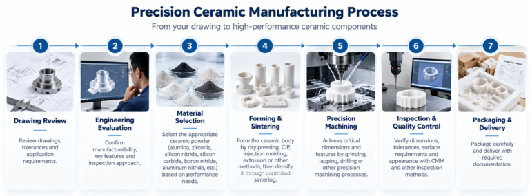 Seven-step custom precision ceramic manufacturing process from drawing review and ceramic powder selection to forming, sintering, machining, inspection and delivery