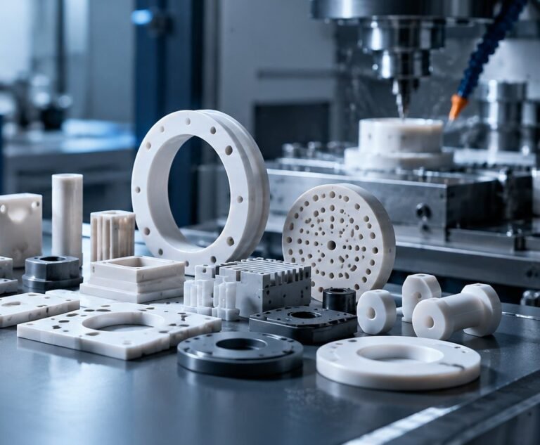 Machined advanced ceramic components arranged on a precision manufacturing line